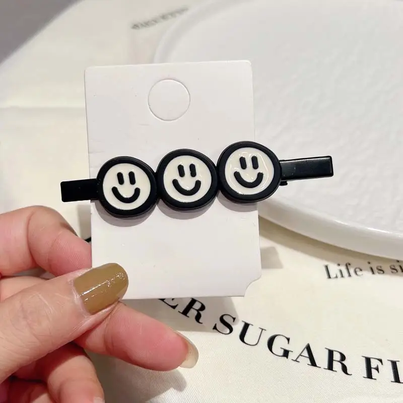 Smiley Hair Clips Black White Frosted Duckbill Clip - Image 5