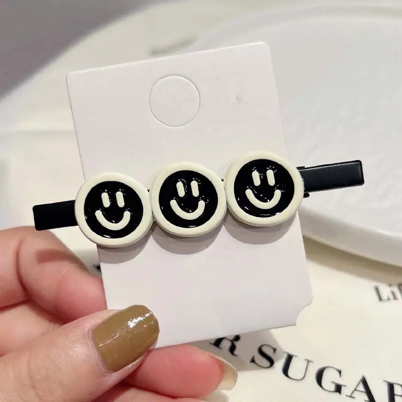 Smiley Hair Clips Black White Frosted Duckbill Clip - Image 6