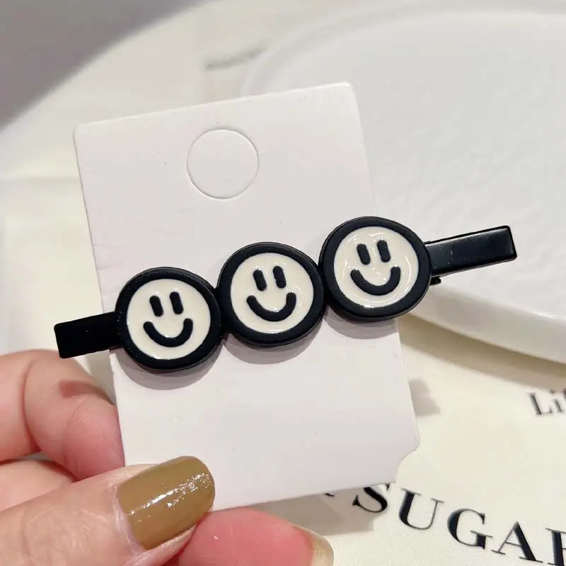 Smiley Hair Clips Black White Frosted Duckbill Clip - Image 2