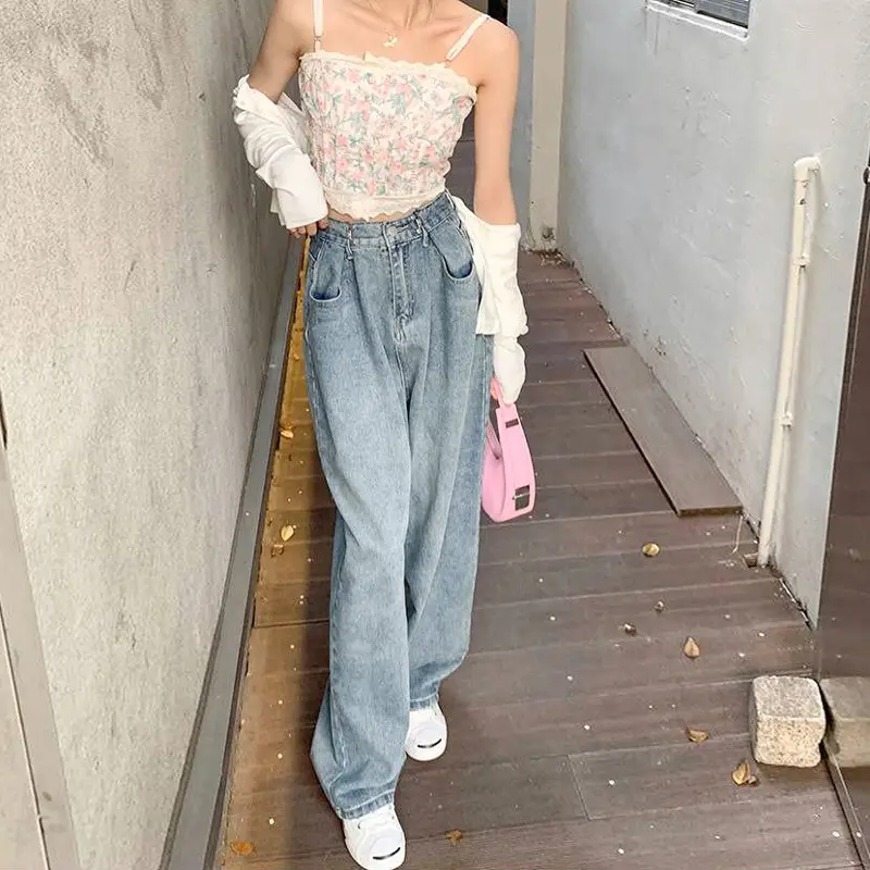 Women Wide Leg Pants Adjustable High Waist Casual Loose Mop Jeans - Image 6