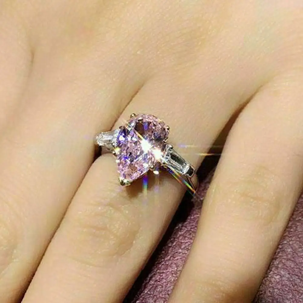Pink Water Drop Zircon Ring 8mm Women's High-End Wedding - Image 3