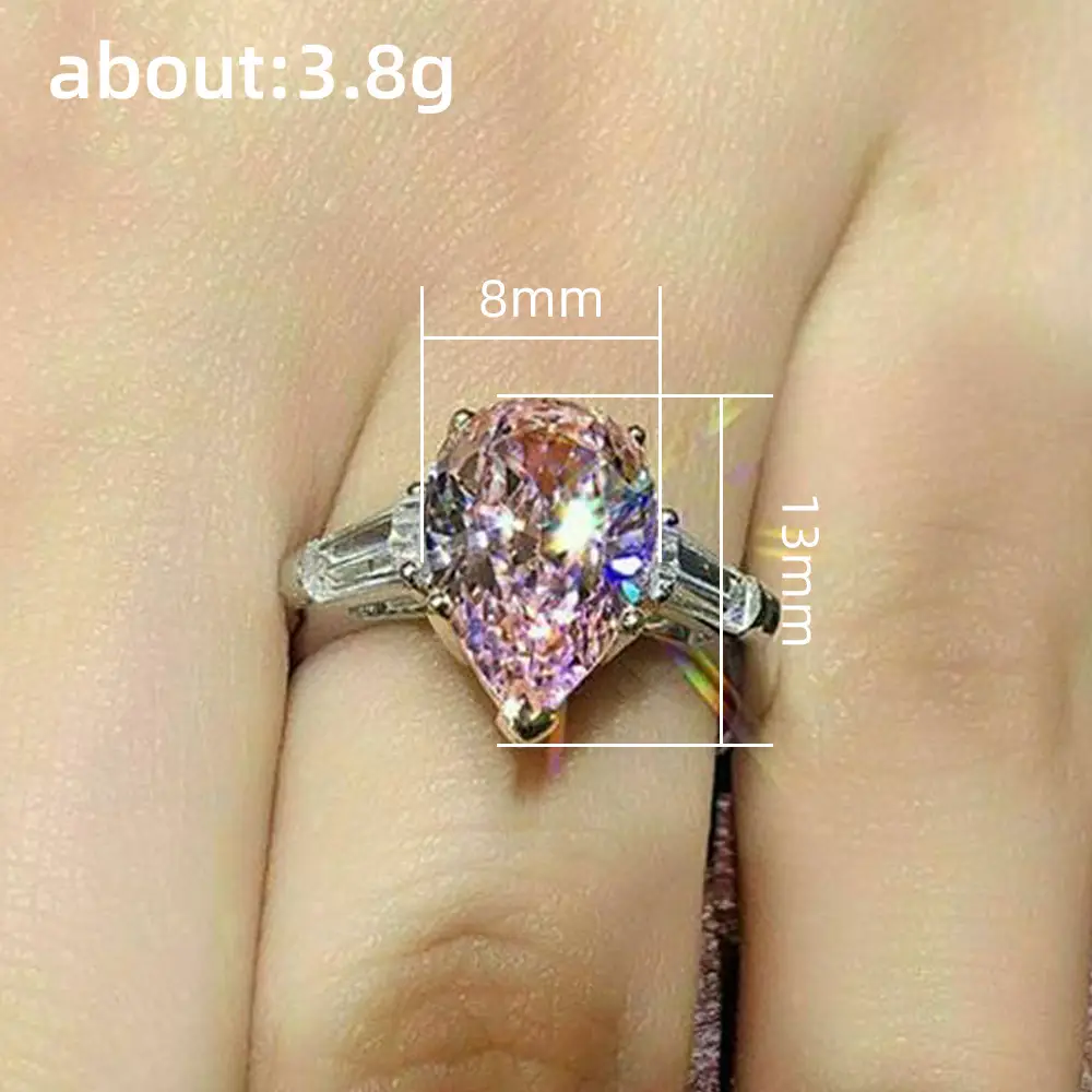 Pink Water Drop Zircon Ring 8mm Women's High-End Wedding - Image 4