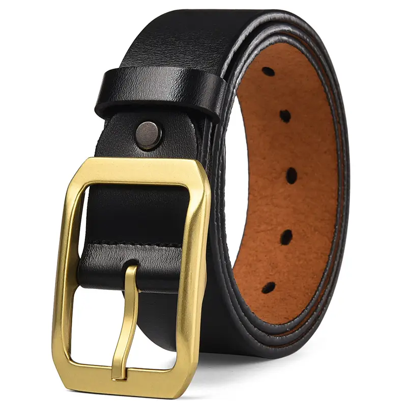 Men's Genuine Leather Belt Black Large Size with Copper Buckle