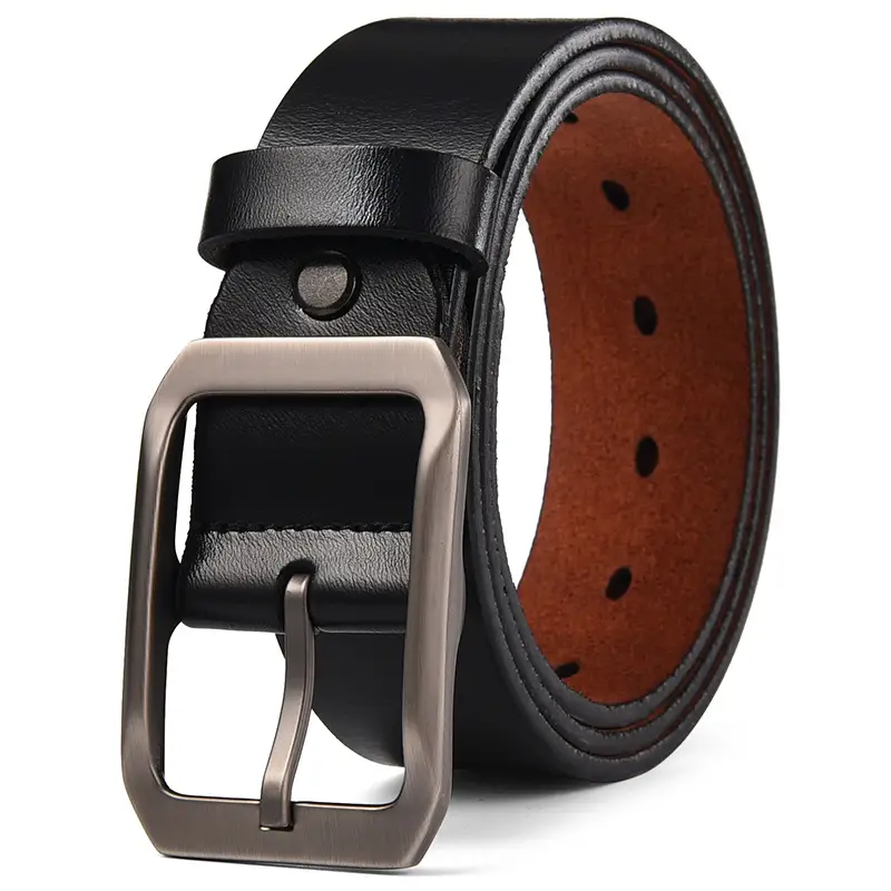 Men's Genuine Leather Belt Black Large Size with Copper Buckle