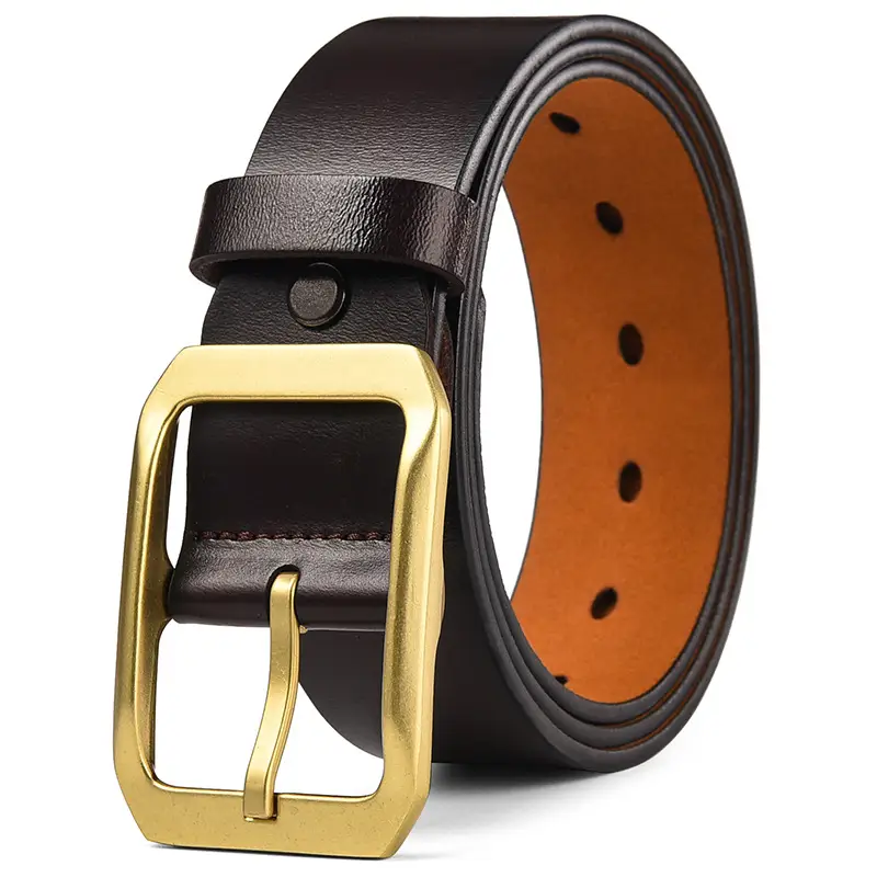 Men's Genuine Leather Belt Black Large Size with Copper Buckle