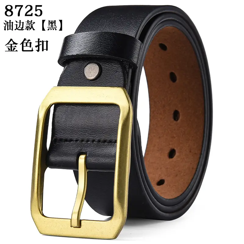 Men's Genuine Leather Belt Black Large Size with Copper Buckle