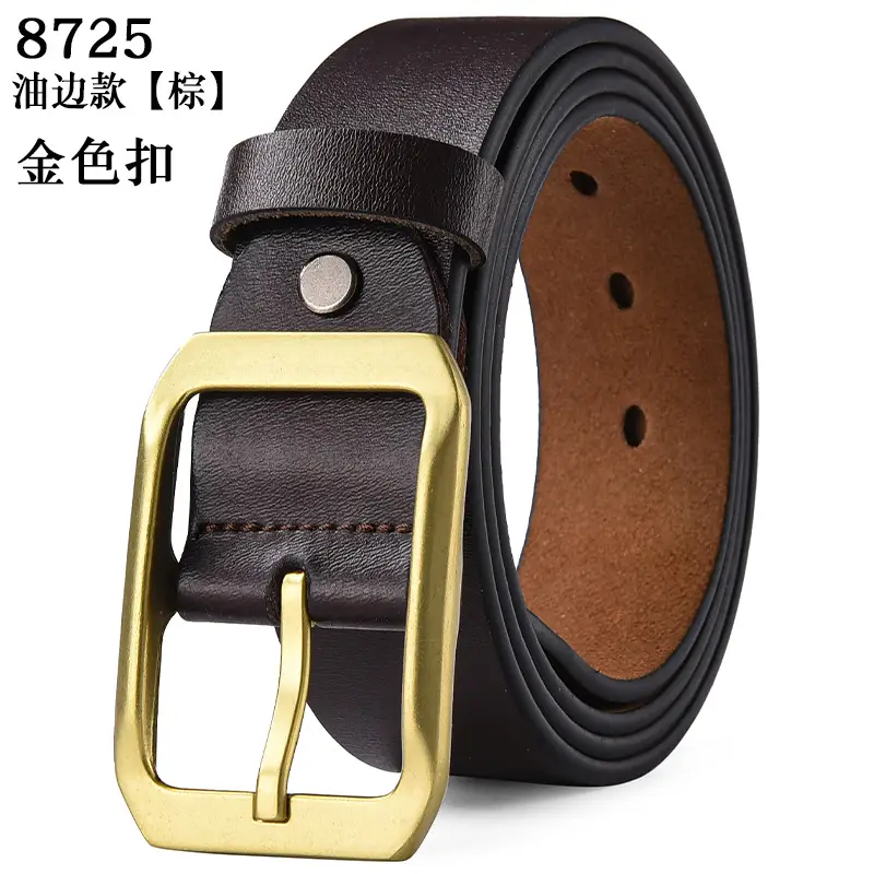 Men's Genuine Leather Belt Black Large Size with Copper Buckle