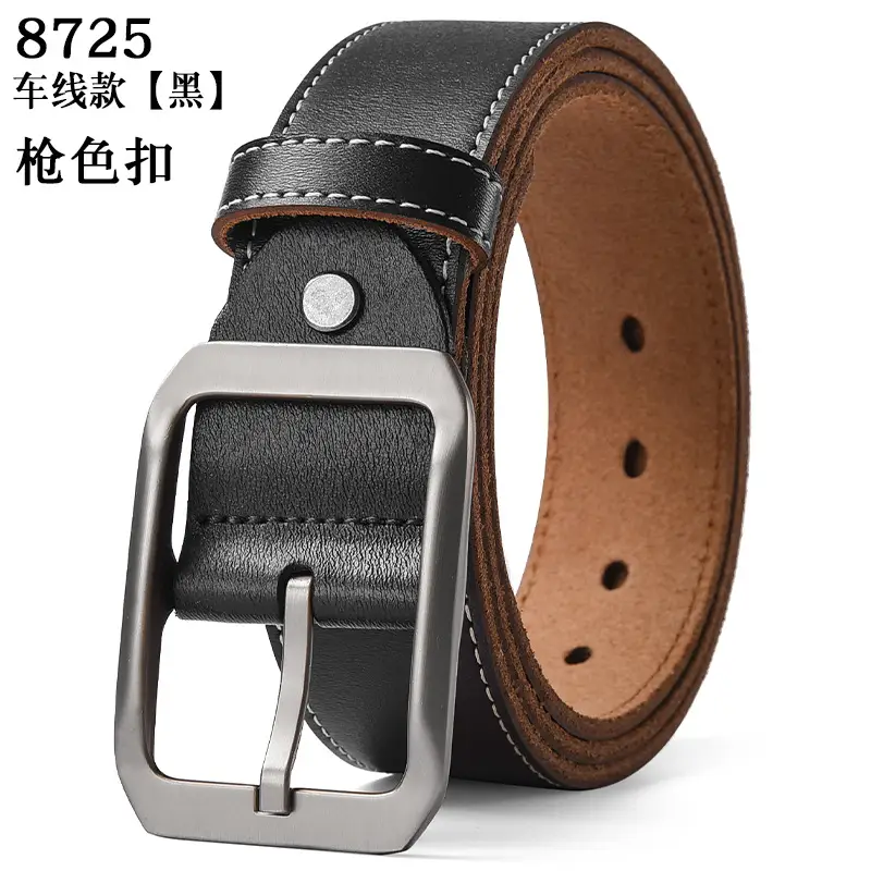 Men's Genuine Leather Belt Black Large Size with Copper Buckle