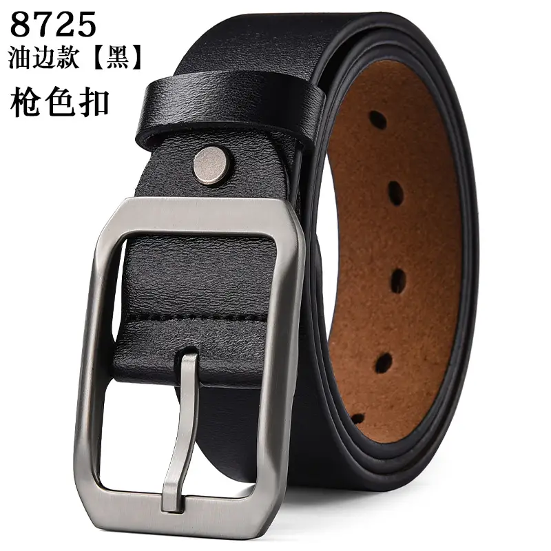 Men's Genuine Leather Belt Black Large Size with Copper Buckle