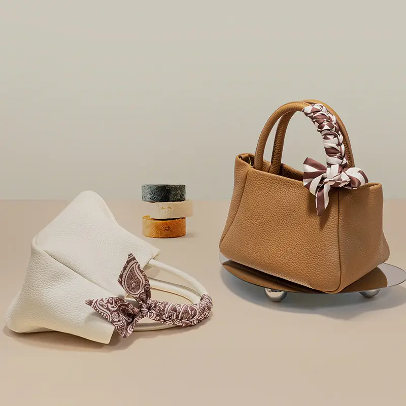 Women's Genuine Leather Silk Scarf Bag with Decorative Ribbon