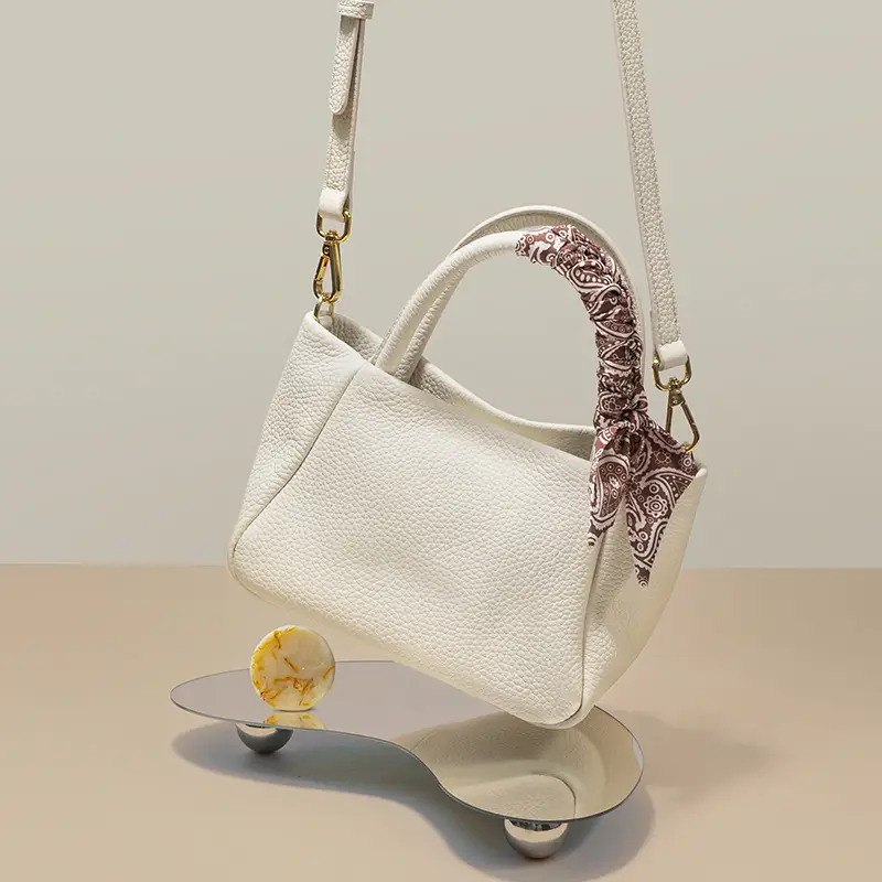 Women's Genuine Leather Silk Scarf Bag with Decorative Ribbon