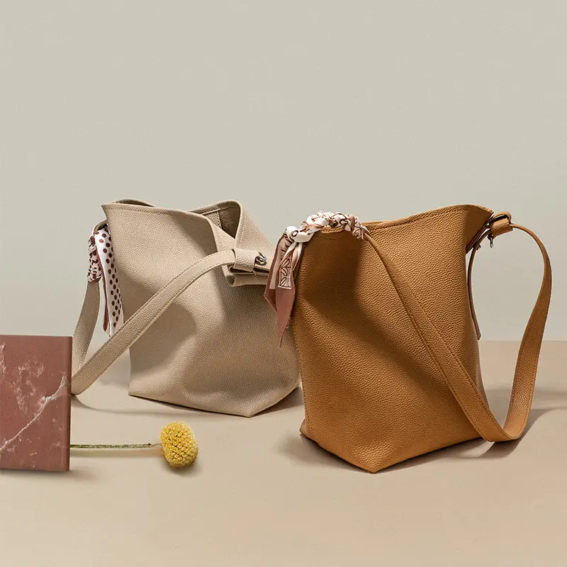 Women's Genuine Leather Silk Scarf Bag with Decorative Ribbon