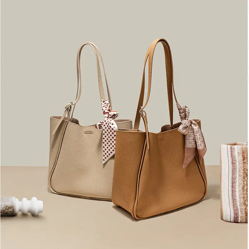 Women's Genuine Leather Silk Scarf Bag with Decorative Ribbon