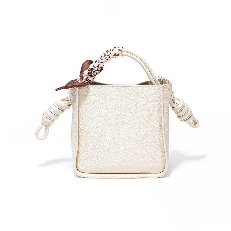 Women's Genuine Leather Silk Scarf Bag with Decorative Ribbon