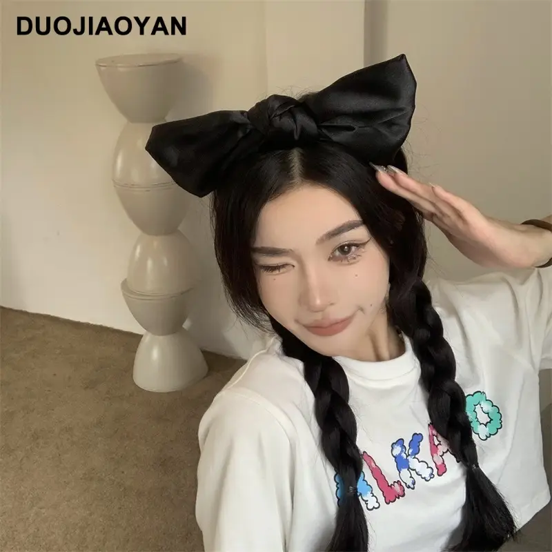 Women Satin Bow Headband with Sweet Pink Lolita Clip - Image 4
