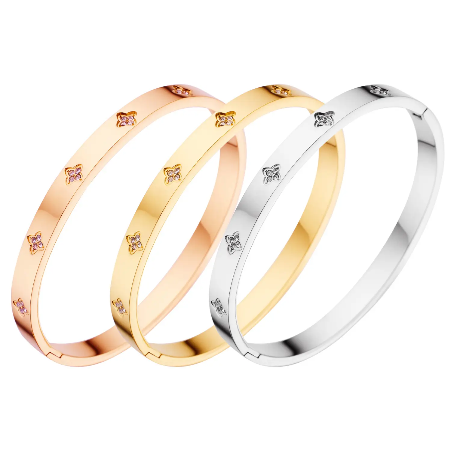 Shiny Four-Leaf Flower Stainless Steel Bracelet with Plum Blossom Design