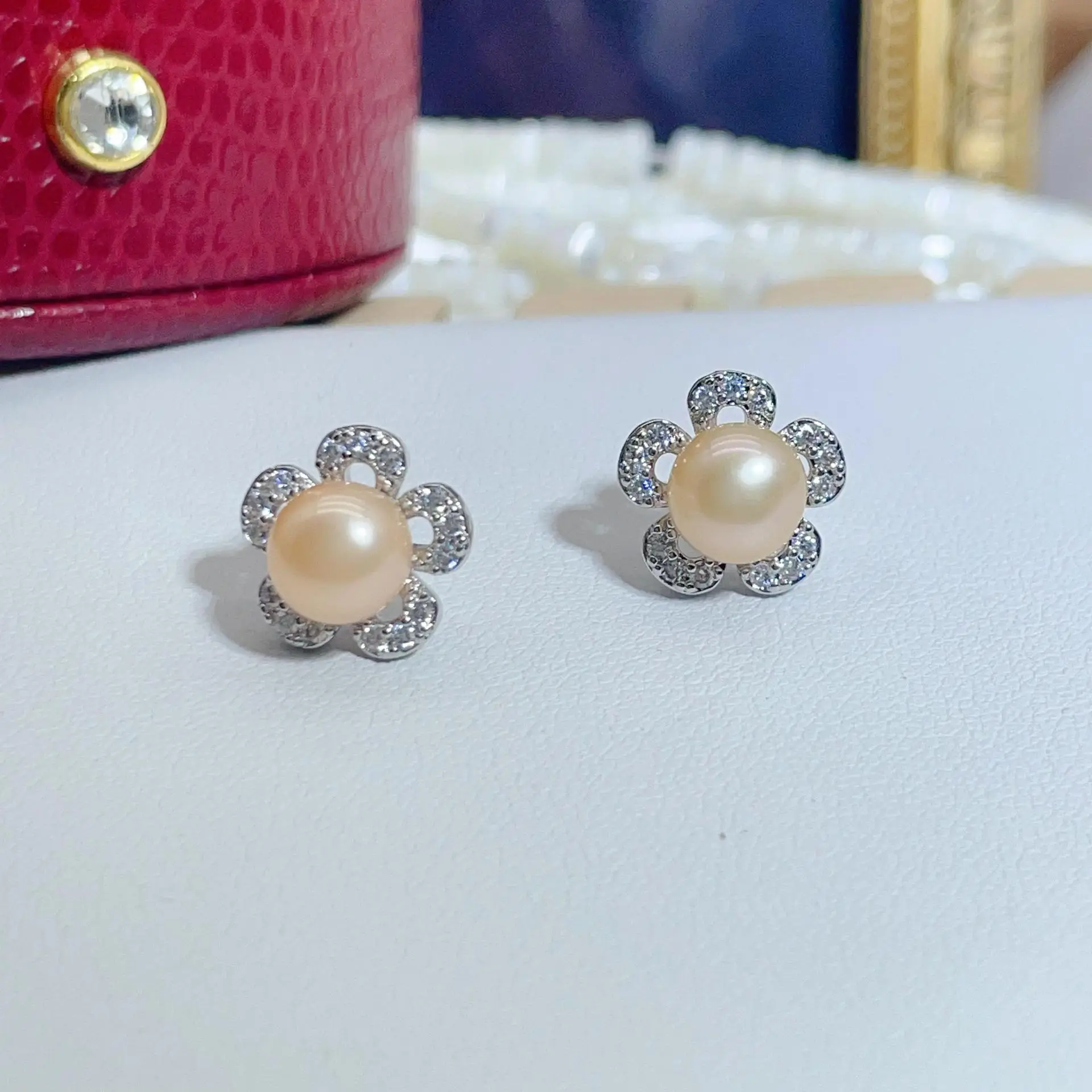 S925 Silver Pearl Flower Earrings with Zircon Accents — feature 17
