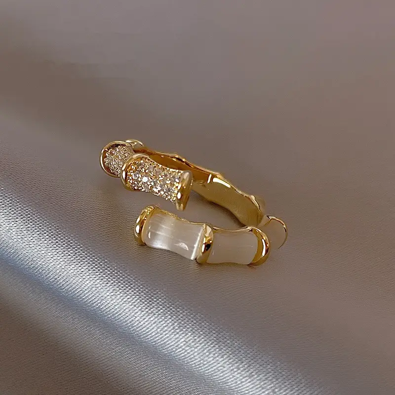 Gold Geometric Opal Bamboo Ring Adjustable Women - Image 7