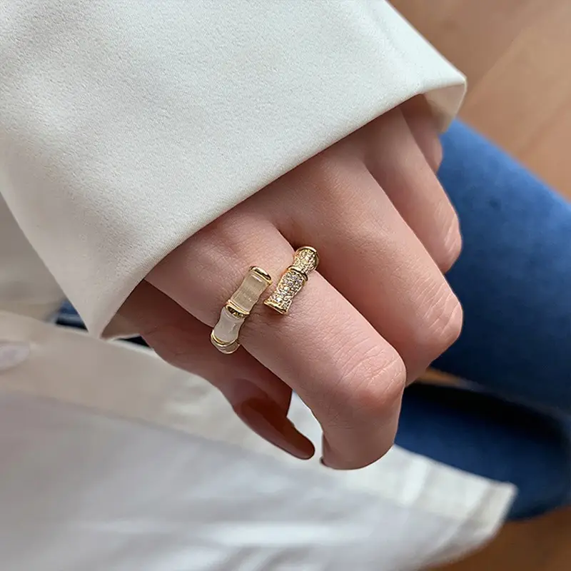 Gold Geometric Opal Bamboo Ring Adjustable Women - Image 3