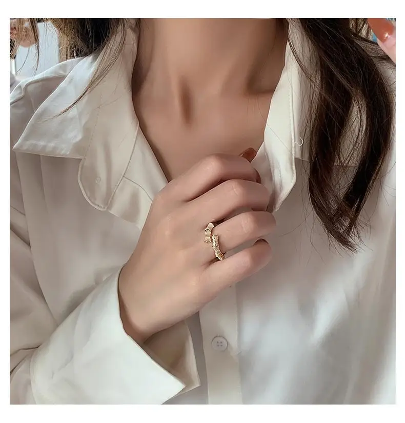 Gold Geometric Opal Bamboo Ring Adjustable Women - Image 4