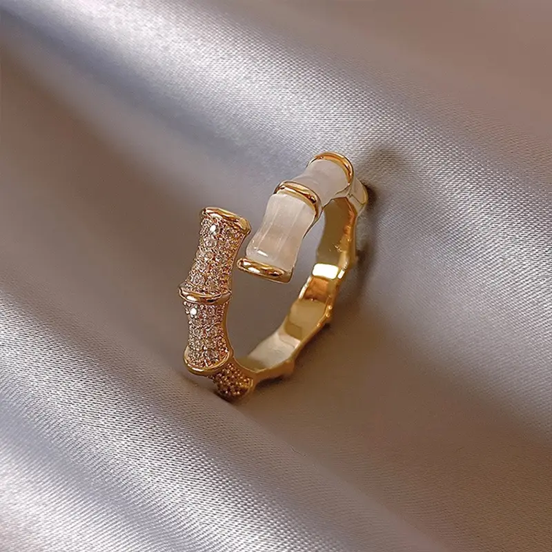 Gold Geometric Opal Bamboo Ring Adjustable Women - Image 5