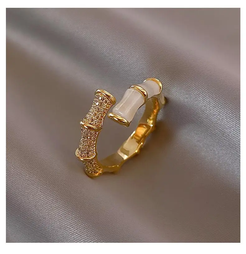 Gold Geometric Opal Bamboo Ring Adjustable Women - Image 6