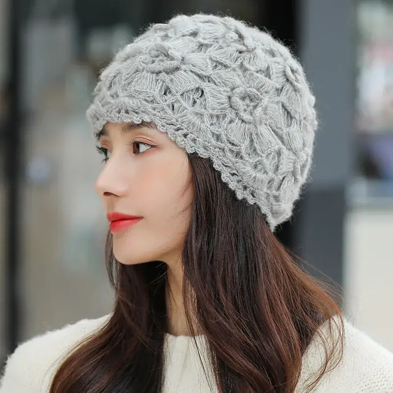Women's Grey Knitted Wool Hat for Spring Autumn - Image 15