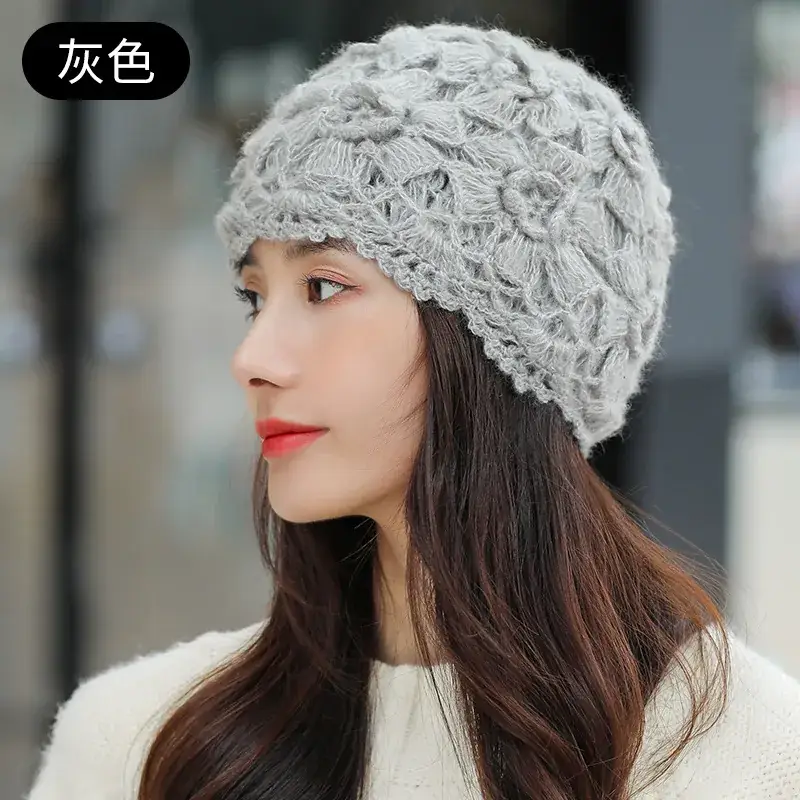 Women's Grey Knitted Wool Hat for Spring Autumn - Image 2