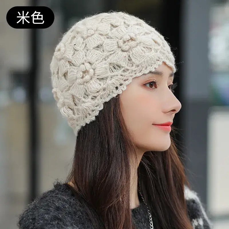 Women's Grey Knitted Wool Hat for Spring Autumn - Image 3