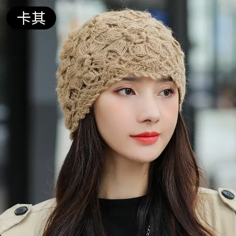 Women's Grey Knitted Wool Hat for Spring Autumn - Image 4