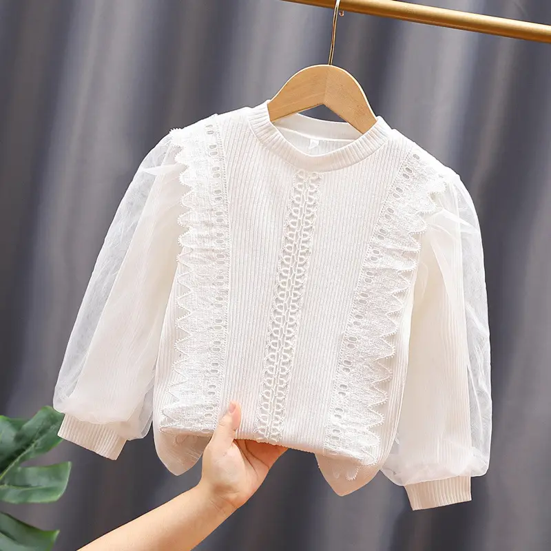 Girls Long Sleeve Lace T-Shirt White Medium to XL