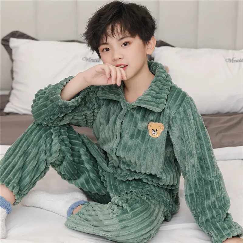 Children's Autumn and Winter Flannel Pajamas for Boys and Girls Spring Fleece-lined Thickened Baby's Coral Fleece Suit Home Clothes