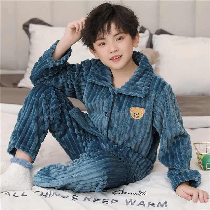 Children's Autumn and Winter Flannel Pajamas for Boys and Girls Spring Fleece-lined Thickened Baby's Coral Fleece Suit Home Clothes