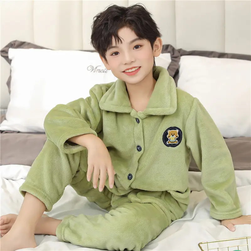 Children's Autumn and Winter Flannel Pajamas for Boys and Girls Spring Fleece-lined Thickened Baby's Coral Fleece Suit Home Clothes
