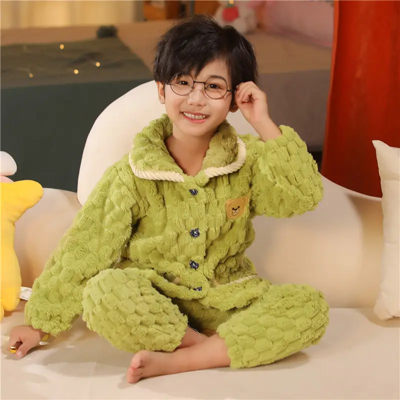Children's Autumn and Winter Flannel Pajamas for Boys and Girls Spring Fleece-lined Thickened Baby's Coral Fleece Suit Home Clothes