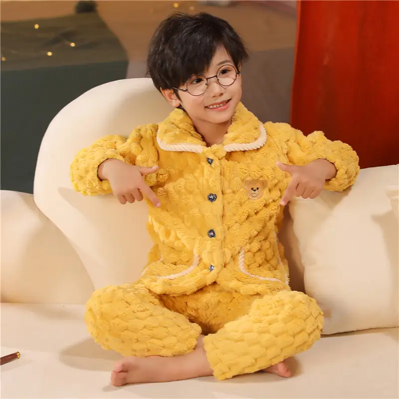 Children's Autumn and Winter Flannel Pajamas for Boys and Girls Spring Fleece-lined Thickened Baby's Coral Fleece Suit Home Clothes