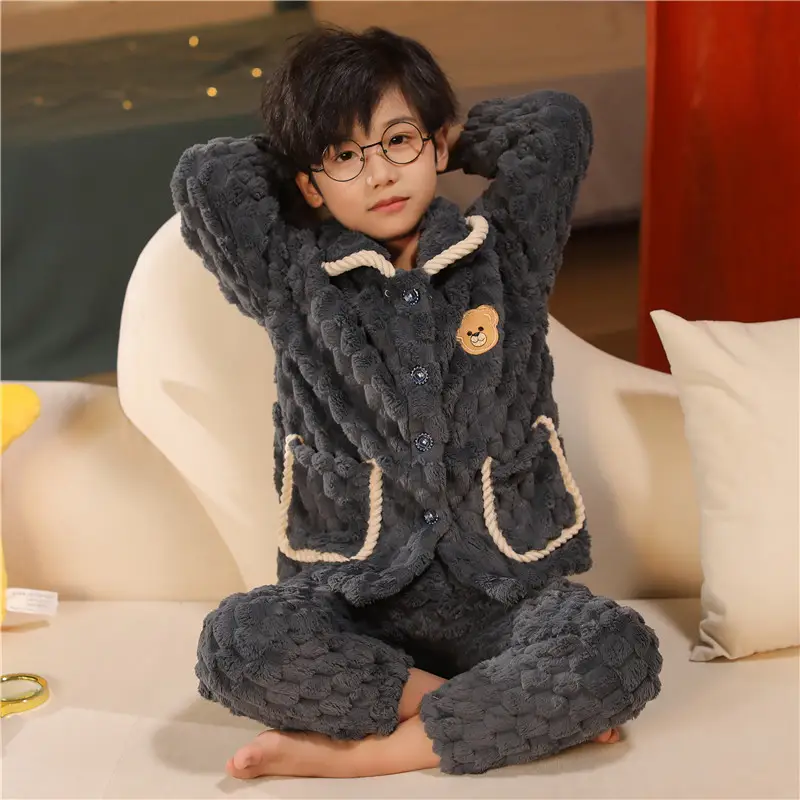 Children's Autumn and Winter Flannel Pajamas for Boys and Girls Spring Fleece-lined Thickened Baby's Coral Fleece Suit Home Clothes