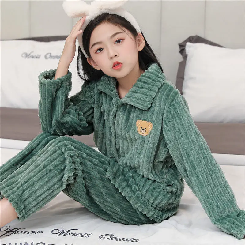 Children's Autumn and Winter Flannel Pajamas for Boys and Girls Spring Fleece-lined Thickened Baby's Coral Fleece Suit Home Clothes