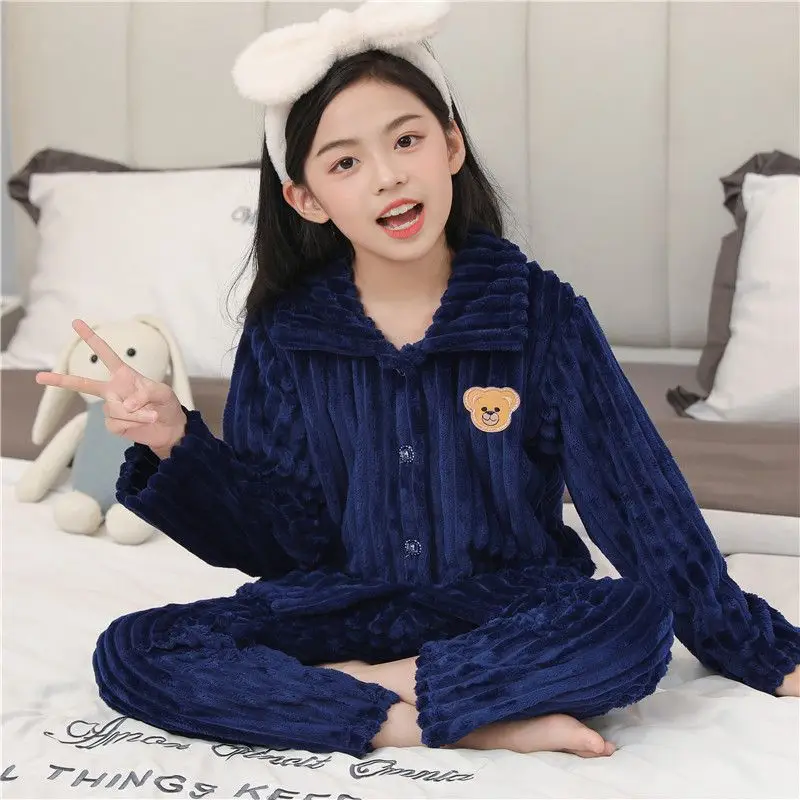 Children's Autumn and Winter Flannel Pajamas for Boys and Girls Spring Fleece-lined Thickened Baby's Coral Fleece Suit Home Clothes
