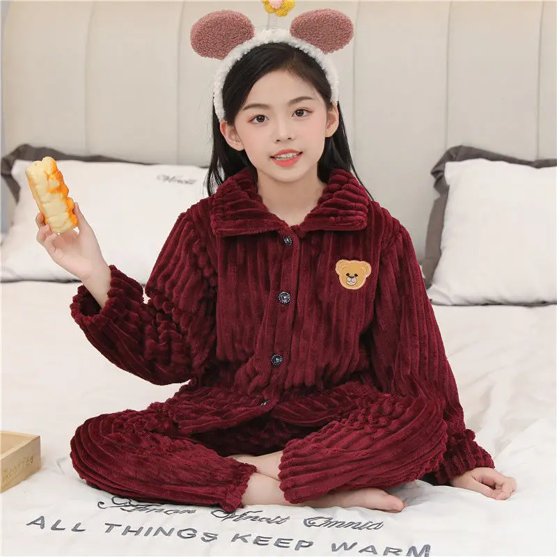 Children's Autumn and Winter Flannel Pajamas for Boys and Girls Spring Fleece-lined Thickened Baby's Coral Fleece Suit Home Clothes