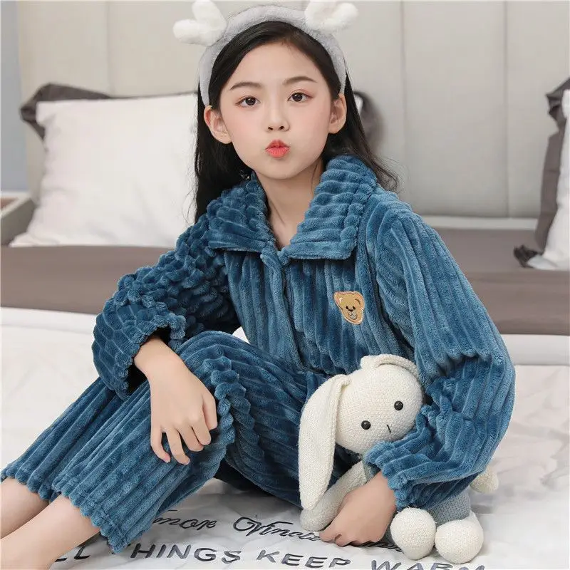 Children's Autumn and Winter Flannel Pajamas for Boys and Girls Spring Fleece-lined Thickened Baby's Coral Fleece Suit Home Clothes