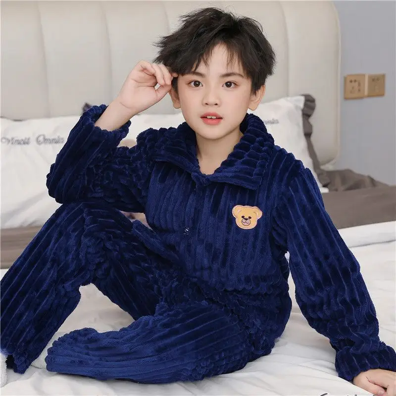 Children's Autumn and Winter Flannel Pajamas for Boys and Girls Spring Fleece-lined Thickened Baby's Coral Fleece Suit Home Clothes
