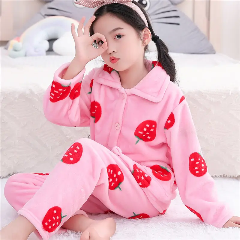 Children's Autumn and Winter Flannel Pajamas for Boys and Girls Spring Fleece-lined Thickened Baby's Coral Fleece Suit Home Clothes