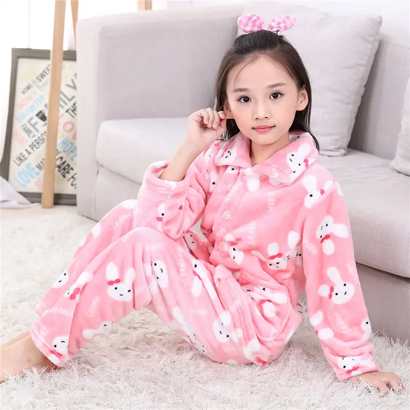 Children's Autumn and Winter Flannel Pajamas for Boys and Girls Spring Fleece-lined Thickened Baby's Coral Fleece Suit Home Clothes