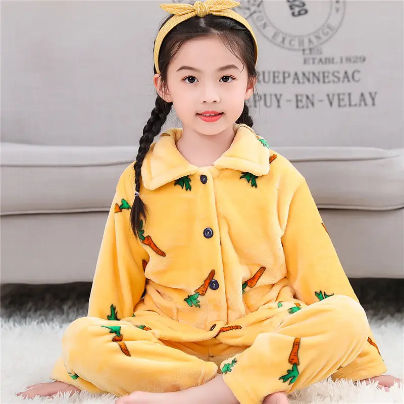 Children's Autumn and Winter Flannel Pajamas for Boys and Girls Spring Fleece-lined Thickened Baby's Coral Fleece Suit Home Clothes