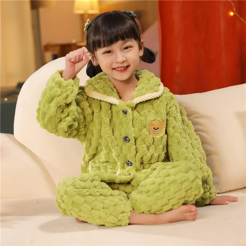 Children's Autumn and Winter Flannel Pajamas for Boys and Girls Spring Fleece-lined Thickened Baby's Coral Fleece Suit Home Clothes