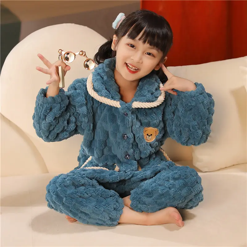 Children's Autumn and Winter Flannel Pajamas for Boys and Girls Spring Fleece-lined Thickened Baby's Coral Fleece Suit Home Clothes