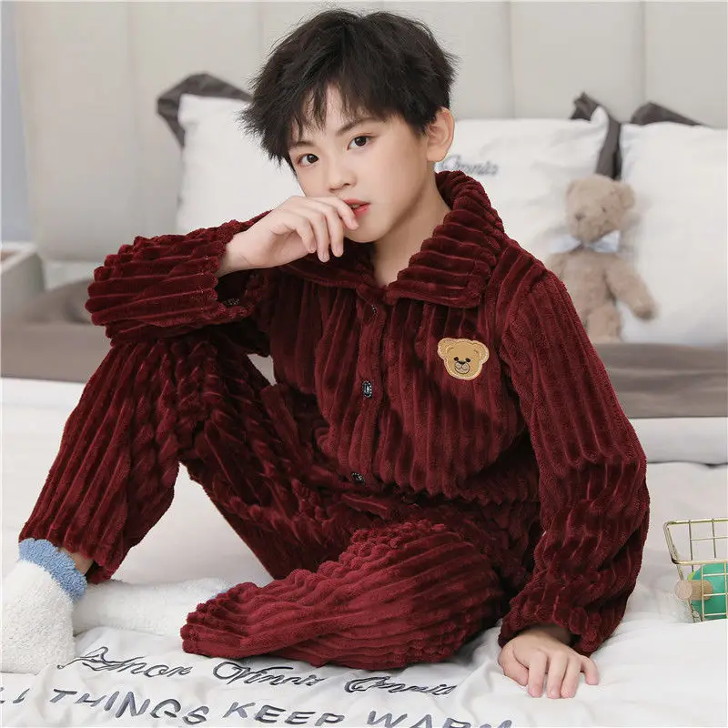 Children's Autumn and Winter Flannel Pajamas for Boys and Girls Spring Fleece-lined Thickened Baby's Coral Fleece Suit Home Clothes