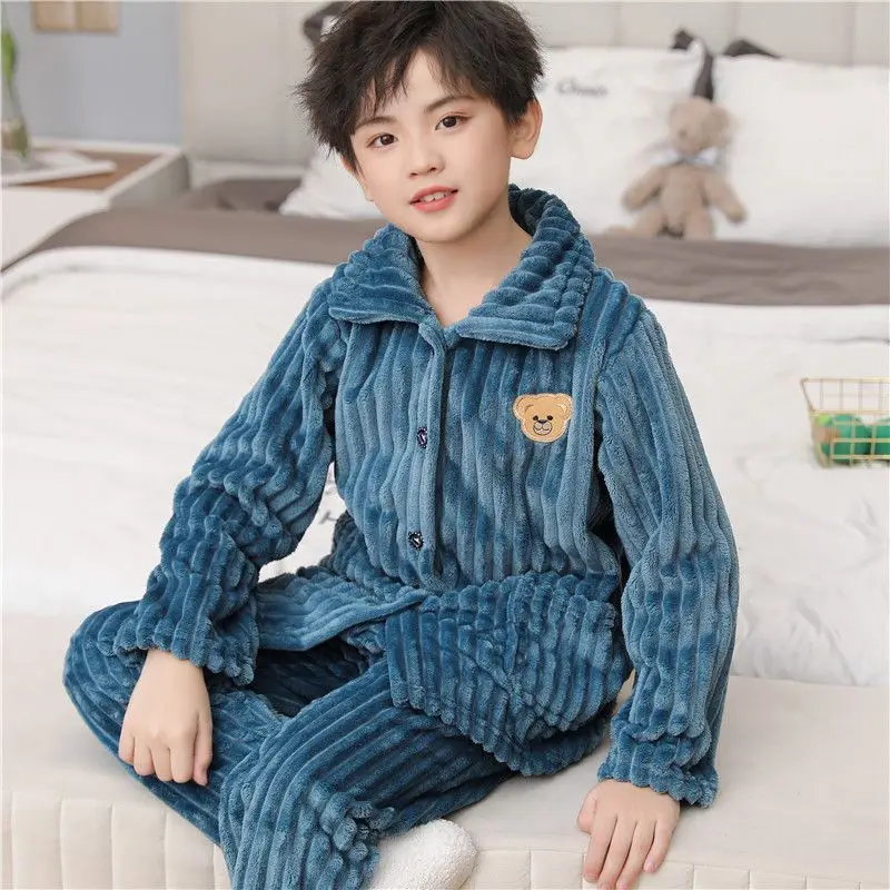 Children's Autumn and Winter Flannel Pajamas for Boys and Girls Spring Fleece-lined Thickened Baby's Coral Fleece Suit Home Clothes