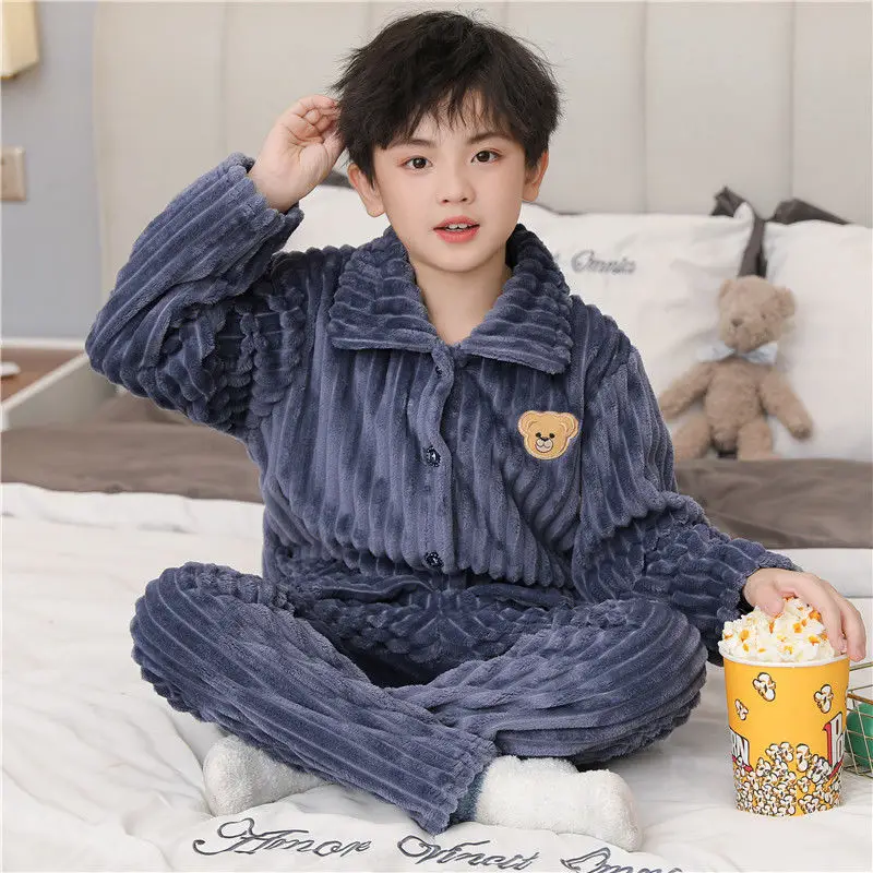 Children's Autumn and Winter Flannel Pajamas for Boys and Girls Spring Fleece-lined Thickened Baby's Coral Fleece Suit Home Clothes